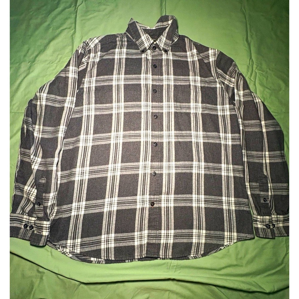 Weatherproof Vintage Mens L Gray Black White Plaid Flannel Cotton Shirt Pockets